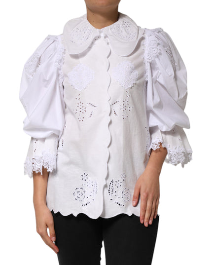 Dolce & Gabbana White Ruffled Lace Embellished Blouse Top
