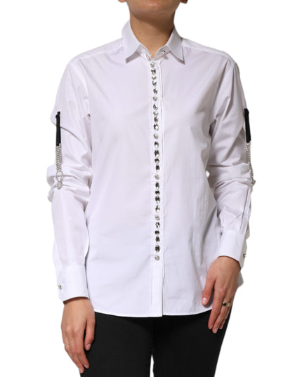 Dolce & Gabbana White Crystal Embellished Collared Shirt Top