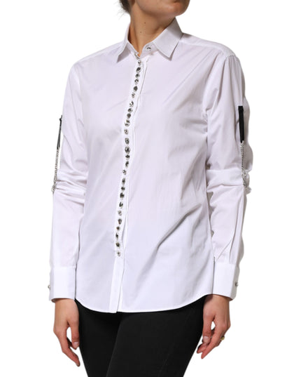 Dolce & Gabbana White Crystal Embellished Collared Shirt Top