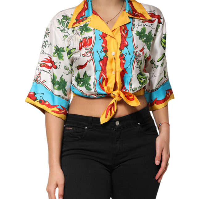 Dolce & Gabbana Multicolor Chili Silk Cropped Blouse Top