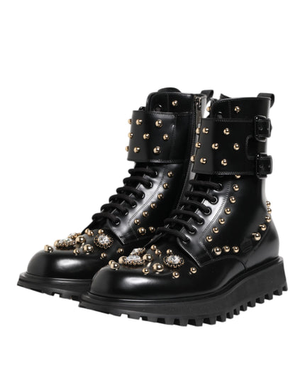 Dolce & Gabbana Black Studded Lace Up Mid Calf Boots Shoes