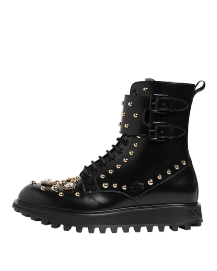 Dolce & Gabbana Black Studded Lace Up Mid Calf Boots Shoes