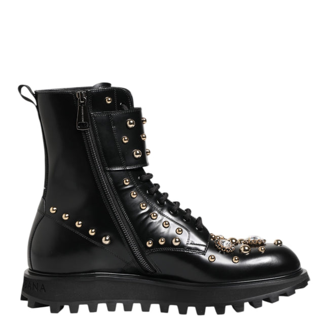 Dolce & Gabbana Black Studded Lace Up Mid Calf Boots Shoes