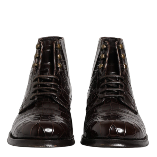 Dolce & Gabbana Dark Brown Leather Lace Up Short Boots Shoes