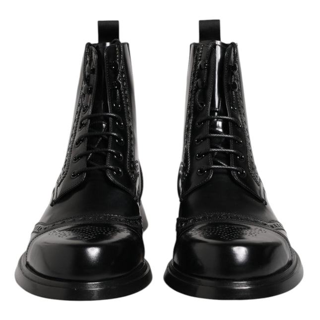 Dolce & Gabbana Black Leather Lace Up Mid Calf Boots Shoes