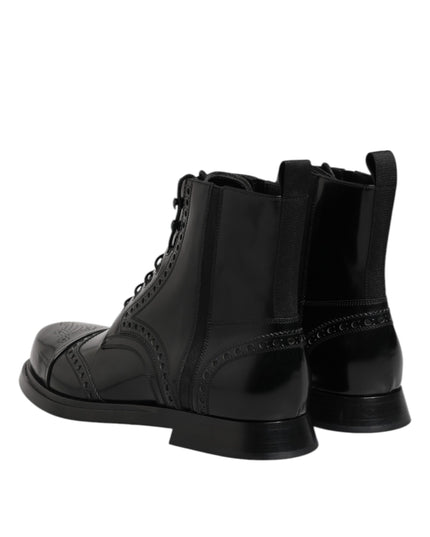 Dolce & Gabbana Black Leather Lace Up Mid Calf Boots Shoes