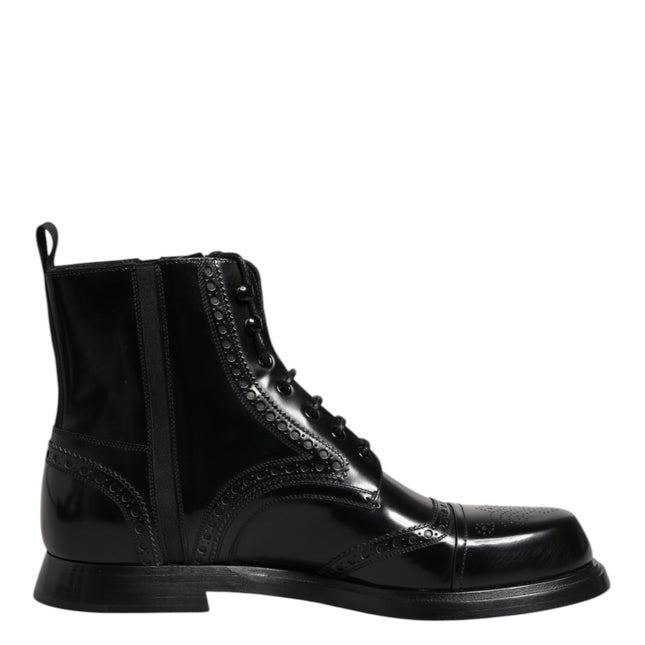 Dolce & Gabbana Black Leather Lace Up Mid Calf Boots Shoes