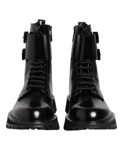 Dolce & Gabbana Black Leather Lace Up Mid Calf Boots Shoes