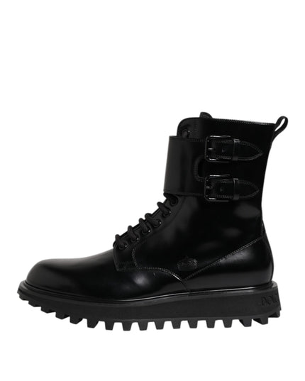 Dolce & Gabbana Black Leather Lace Up Mid Calf Boots Shoes