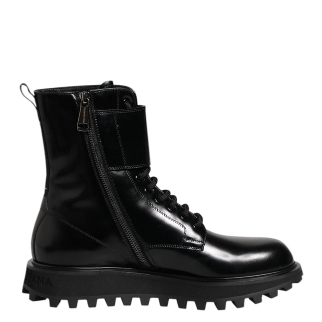 Dolce & Gabbana Black Leather Lace Up Mid Calf Boots Shoes
