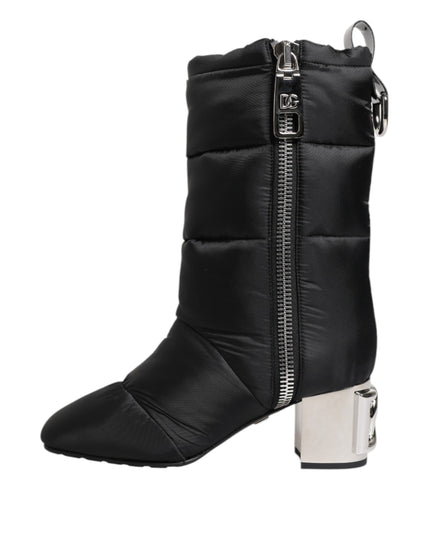 Dolce & Gabbana Black Padded Mid Calf Logo Heel Boots Shoes