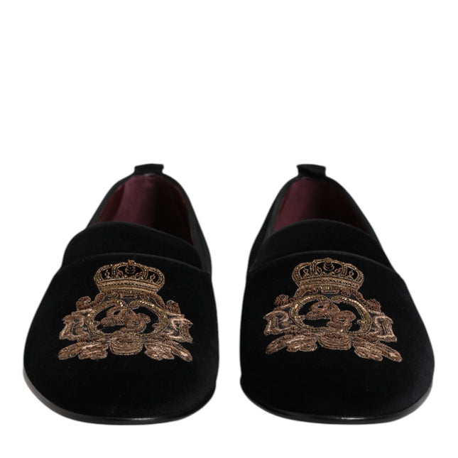 Dolce & Gabbana Black Velvet Gold Crown Mens Loafers Shoes
