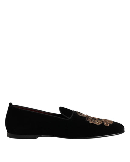 Dolce & Gabbana Black Velvet Gold Crown Mens Loafers Shoes