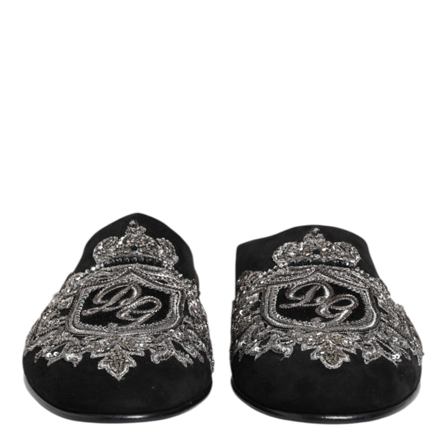 Dolce & Gabbana Black Velvet Slides DG Crown Slipper Shoes