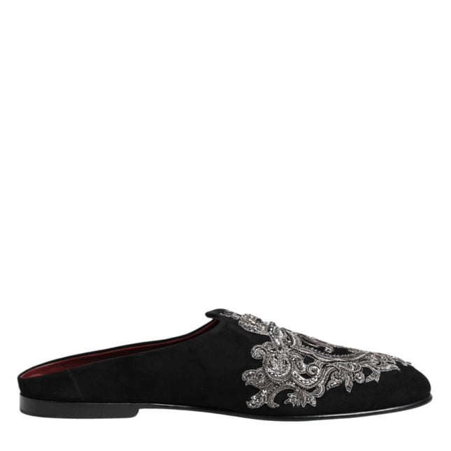 Dolce & Gabbana Black Velvet Slides DG Crown Slipper Shoes