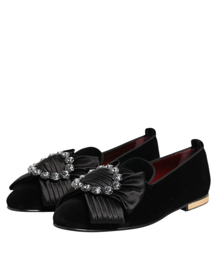 Dolce & Gabbana Black VATICANO Crystal Ribbon Slip On Shoes