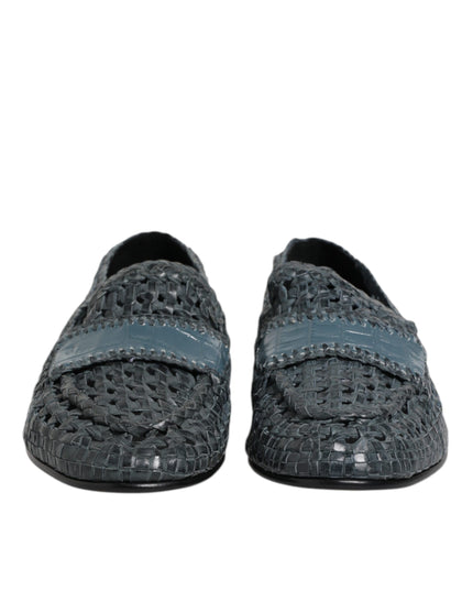 Dolce & Gabbana Blue Woven Raffia Slip On Loafers Shoes