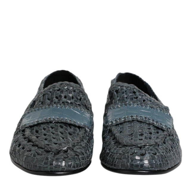 Dolce & Gabbana Blue Woven Raffia Slip On Loafers Shoes