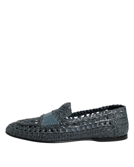 Dolce & Gabbana Blue Woven Raffia Slip On Loafers Shoes