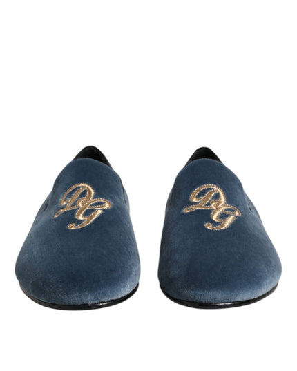 Dolce & Gabbana Blue Velvet DG Logo Loafers Formal Shoes
