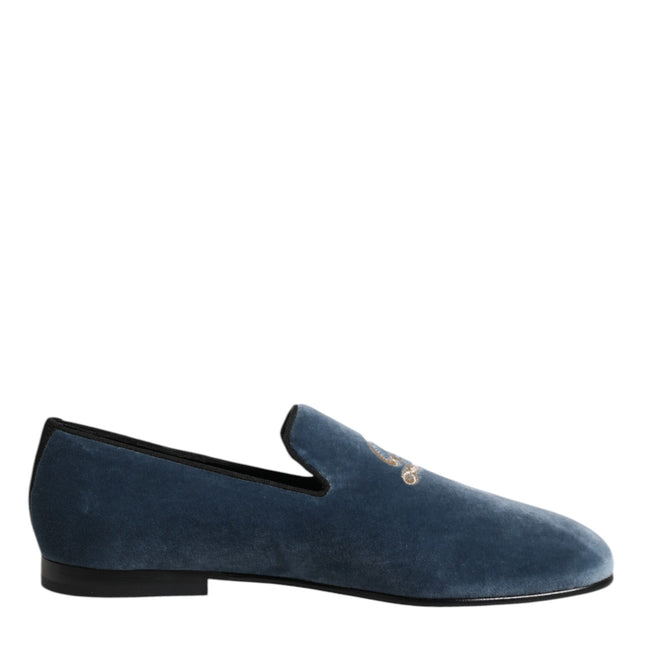 Dolce & Gabbana Blue Velvet DG Logo Loafers Formal Shoes