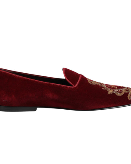 Dolce & Gabbana Red Velvet Gold Crown Mens Loafers Shoes