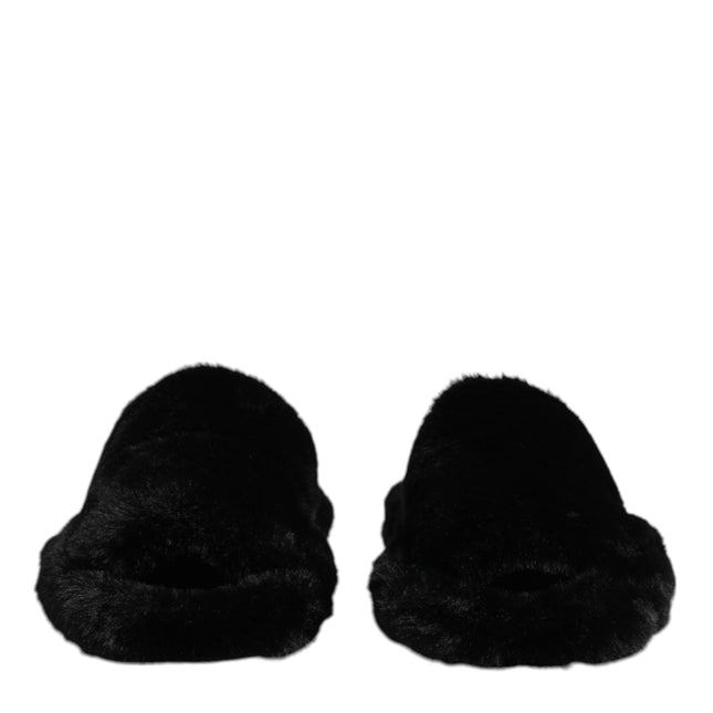 Dolce & Gabbana Black Faux Fur Flats Men Sandals Shoes