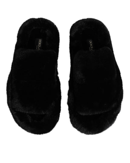 Dolce & Gabbana Black Faux Fur Flats Men Sandals Shoes
