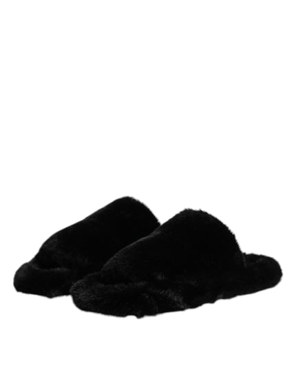 Dolce & Gabbana Black Faux Fur Flats Men Sandals Shoes