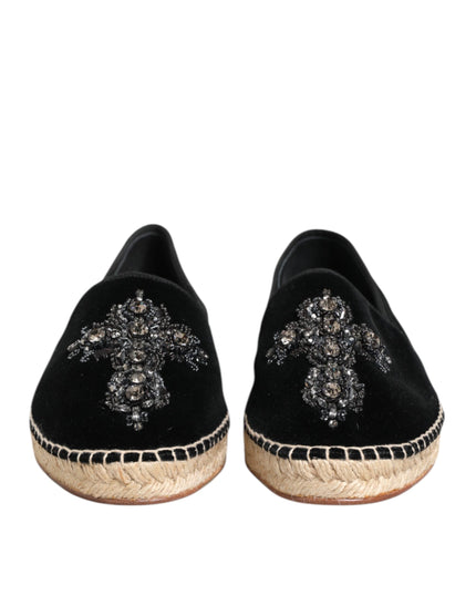 Dolce & Gabbana Black Cross Crystal Slip On Espadrille Shoes