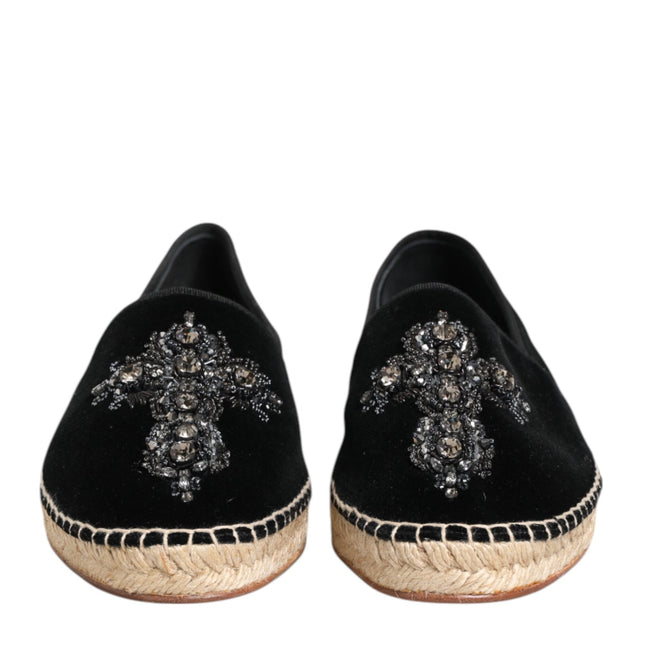 Dolce & Gabbana Black Cross Crystal Slip On Espadrille Shoes