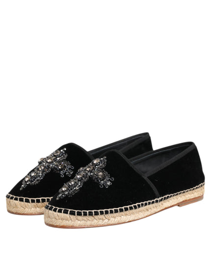 Dolce & Gabbana Black Cross Crystal Slip On Espadrille Shoes