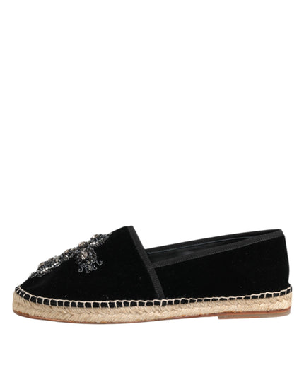 Dolce & Gabbana Black Cross Crystal Slip On Espadrille Shoes