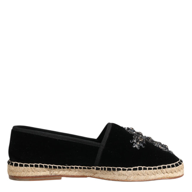 Dolce & Gabbana Black Cross Crystal Slip On Espadrille Shoes