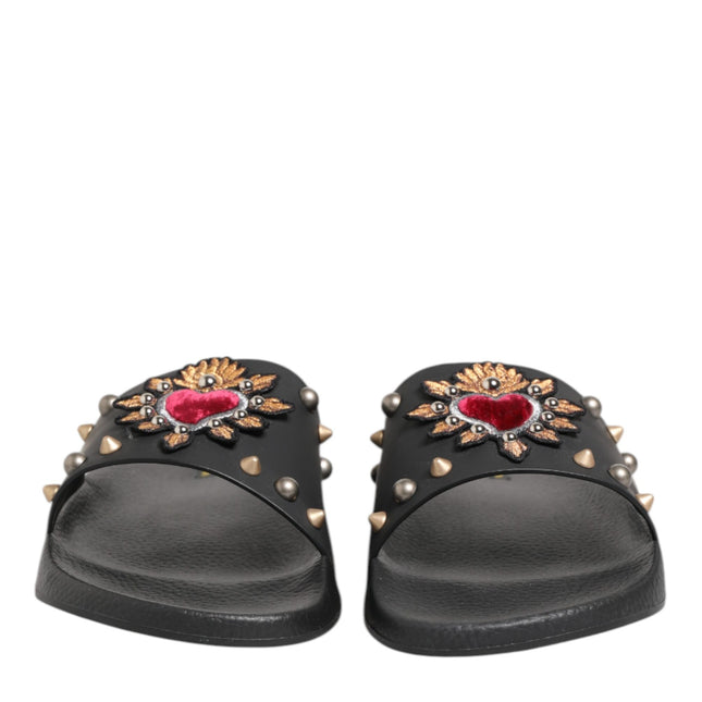 Dolce & Gabbana Black Rubber Sacred Heart Slides Men Beachwear Shoes