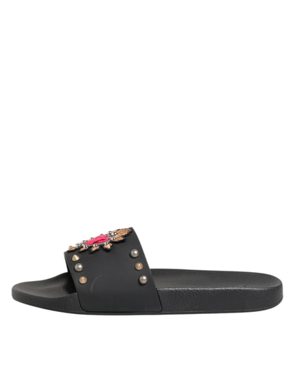 Dolce & Gabbana Black Rubber Sacred Heart Slides Men Beachwear Shoes