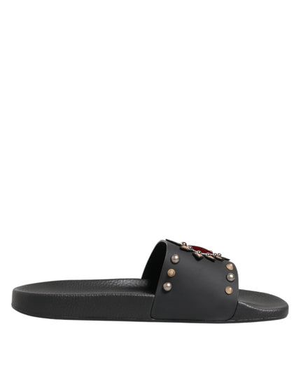 Dolce & Gabbana Black Rubber Sacred Heart Slides Men Beachwear Shoes