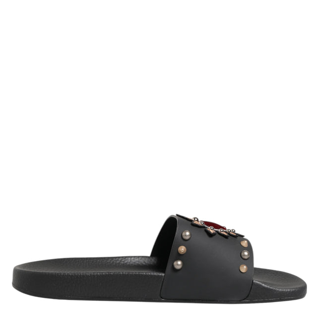 Dolce & Gabbana Black Rubber Sacred Heart Slides Men Beachwear Shoes