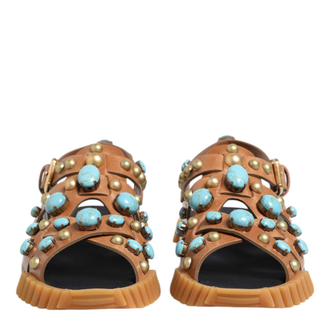 Dolce & Gabbana Brown Leather Studded Slides Sandals Shoes
