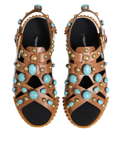 Dolce & Gabbana Brown Leather Studded Slides Sandals Shoes