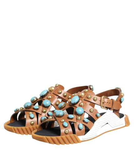 Dolce & Gabbana Brown Leather Studded Slides Sandals Shoes