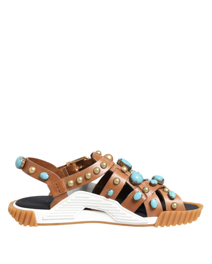 Dolce & Gabbana Brown Leather Studded Slides Sandals Shoes