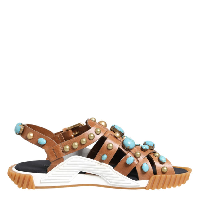 Dolce & Gabbana Brown Leather Studded Slides Sandals Shoes