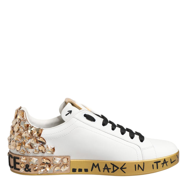 Dolce & Gabbana White Gold Crystal Portofino Sneakers Shoes
