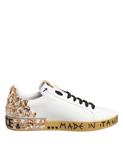 Dolce & Gabbana White Gold Crystal Portofino Sneakers Shoes