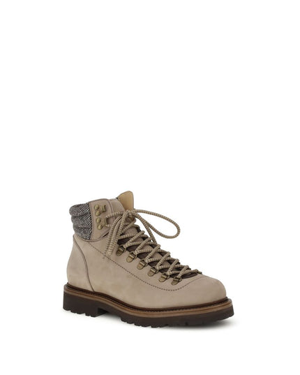 Brunello Cucinelli Beige Calf Leather Bos Taurus Lace-Up Boots