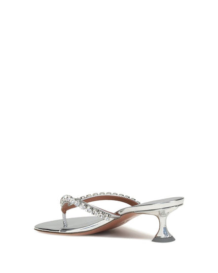 Amina Muaddi Silver Calf Leather Bos Taurus Stiletto Heel Sandals