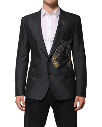Dolce & Gabbana Dark Gray Bee Embroidery Wool Coat Blazer