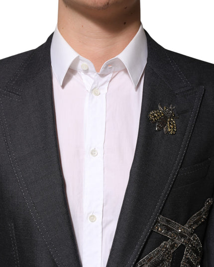 Dolce & Gabbana Dark Gray Bee Embroidery Wool Coat Blazer
