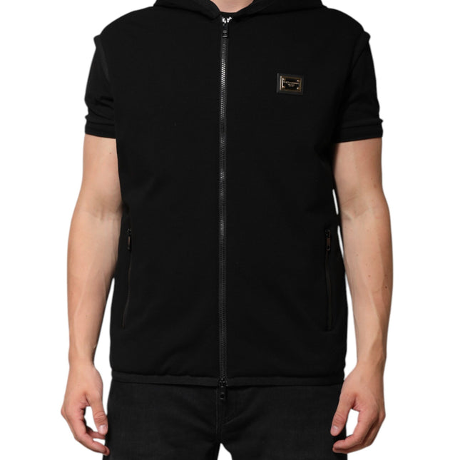 Dolce & Gabbana Black Sleeveless Hooded Logo Plaque Jacket